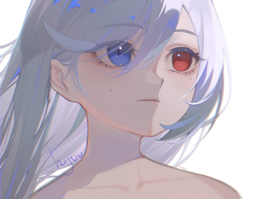 bare_shoulders blue_eyes eyelashes hair_over_one_eye highres hyuu_(hyuu) hyuu_(lblank27) mole mole_under_eye red_eyes shadow white_hair