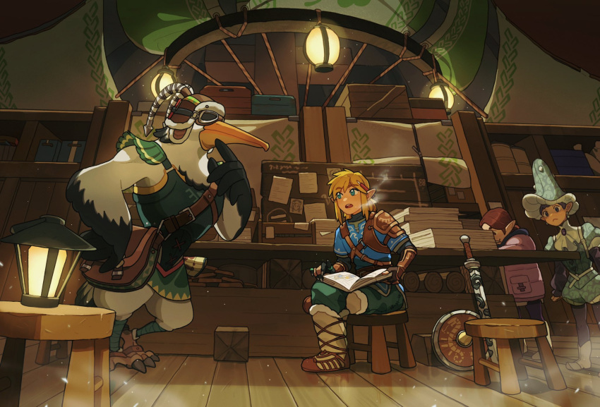 beak bird_boy book breath finger_to_mouth goggles hat highres jidu_que_mi_de_xiao_caocao lamp link long_beak mushroom_hat open_book penn_(zelda) pointy_ears rito shield sitting sword table the_legend_of_zelda the_legend_of_zelda:_tears_of_the_kingdom traysi_(zelda) weapon