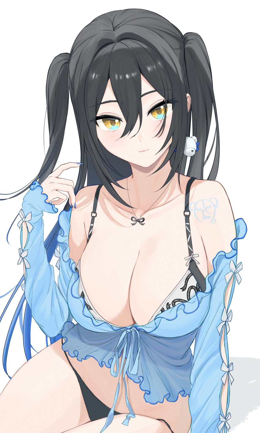 1girl absurdres bikini black_bikini black_hair blue_nails bow bowtie breasts collarbone covered_navel highres jewelry lingerie long_sleeves looking_at_viewer mizukuma_iro multicolored_eyes necklace original simple_background sitting solo swimsuit twintails underwear white_background