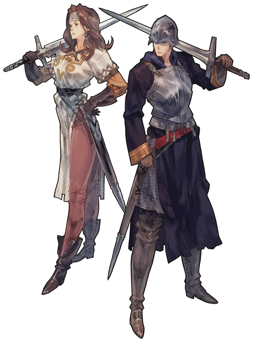 1girl absurdres armor boots brown_hair earrings gloves helmet highres jewelry long_hair long_sleeves masao_tsubasa official_art simple_background standing sword tactics_ogre weapon yoshida_akihiko