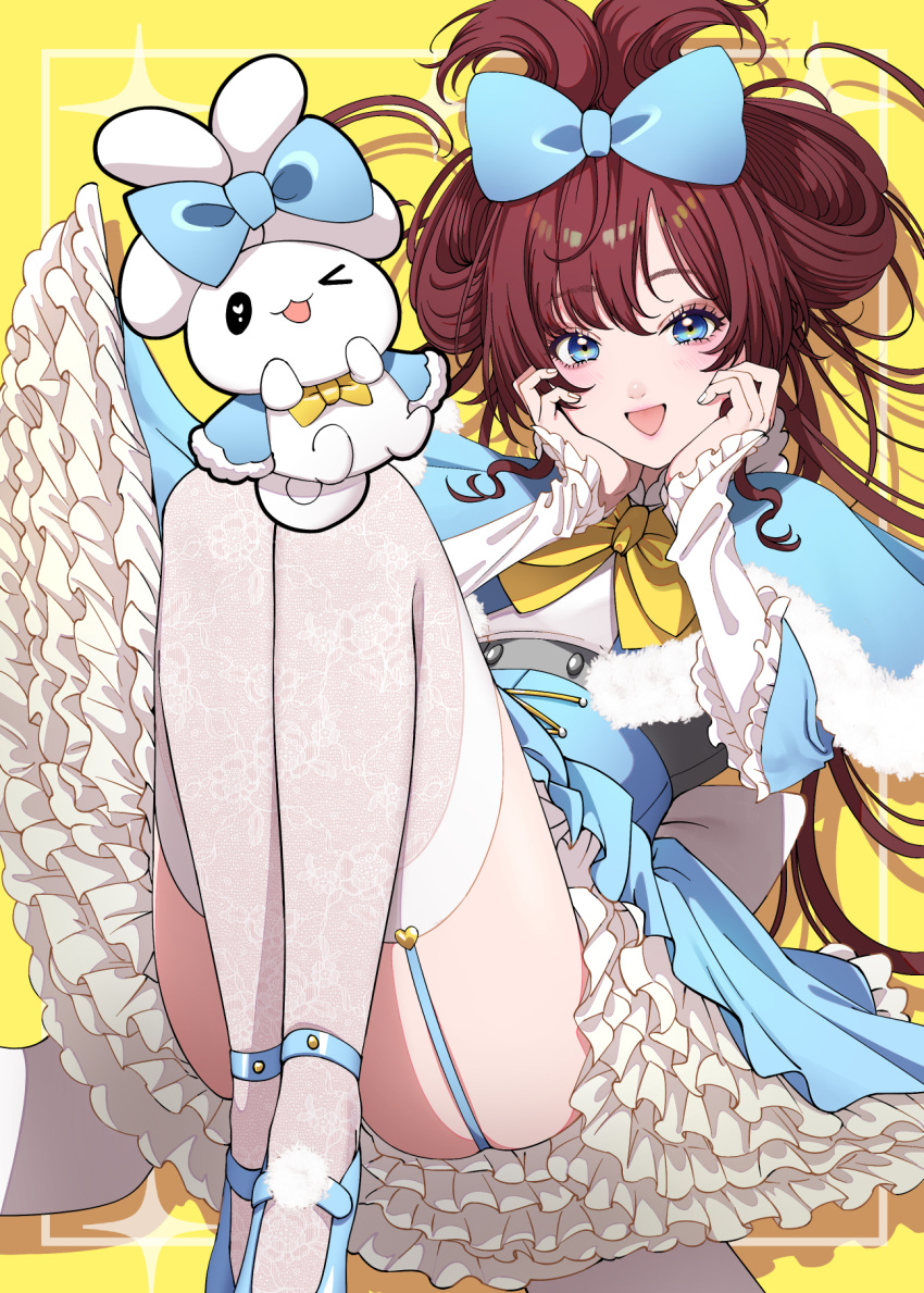 &gt;_o 1girl :d aegyo_sal alternate_costume blue_bow blue_capelet blue_eyes blue_footwear blue_skirt blush bow bowtie brown_hair capelet cinnamoroll drop_shadow frilled_sleeves frills fur-trimmed_capelet fur_trim garter_straps hair_bow hands_on_own_cheeks hands_on_own_face highres ichinose_shiki idolmaster idolmaster_cinderella_girls knees_up lace_thighhighs long_hair long_sleeves looking_at_viewer maou_(demonlord) one_eye_closed petticoat pink_lips sanrio shirt skirt smile solo thighhighs thighs underbust white_shirt white_thighhighs yellow_background yellow_bow yellow_bowtie