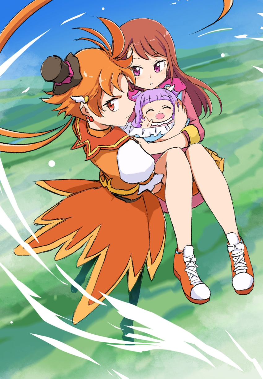 1boy 2girls baby black_hat blue_sky carrying cure_wing ellee-chan floating gloves hat highres hijiri_ageha hirogaru_sky!_precure holding_baby looking_back magical_boy mini_hat mini_top_hat multiple_girls orange_eyes orange_footwear orange_hair outdoors precure princess_carry purple_hair sky top_hat uraki yellow_gloves yuunagi_tsubasa