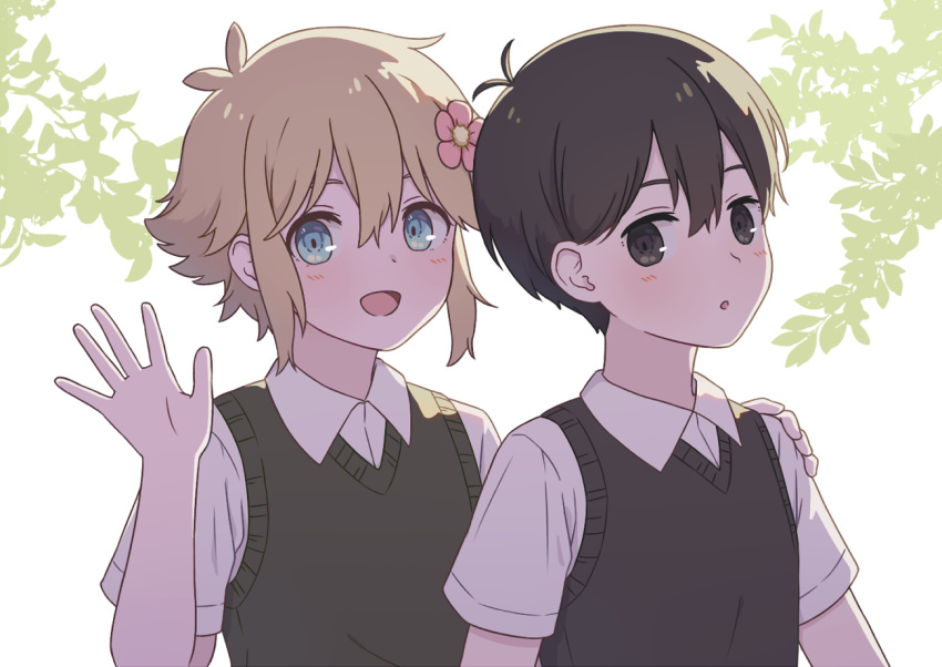 2boys basil_(faraway)_(omori) basil_(omori) black_eyes black_hair black_sweater_vest blonde_hair blue_eyes blush collared_shirt flower green_sweater_vest hair_flower hair_ornament hand_on_another's_shoulder looking_at_viewer mozukusa multiple_boys omori open_mouth parted_lips shirt short_hair short_sleeves smile sunny_(omori) sweater_vest waving white_shirt