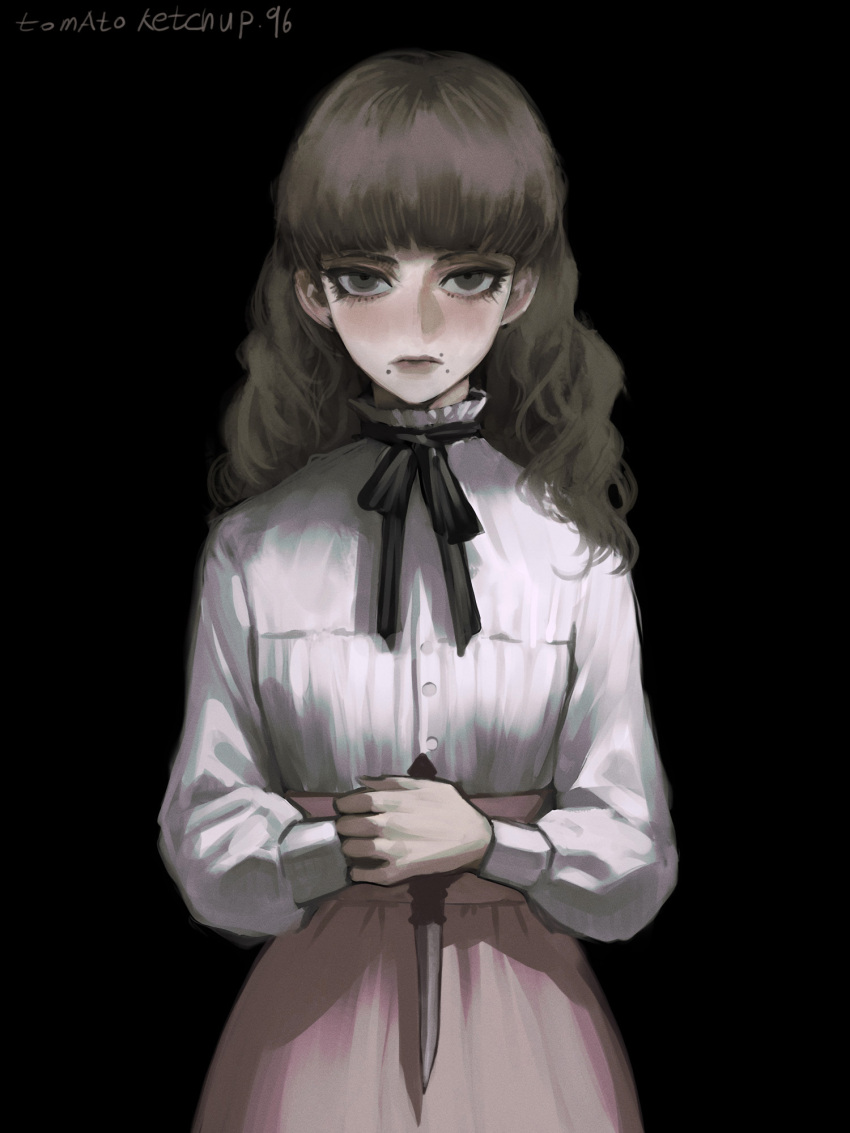 1girl black_background black_ribbon brown_eyes brown_hair cowboy_shot fear_&amp;_hunger fear_&amp;_hunger_2:_termina frilled_shirt_collar frills highres holding holding_knife knife long_hair long_sleeves looking_at_viewer marina mouth_piercing own_hands_together pink_skirt ribbon shirt simple_background skirt solo standing tomatoketchup96 twitter_username white_shirt