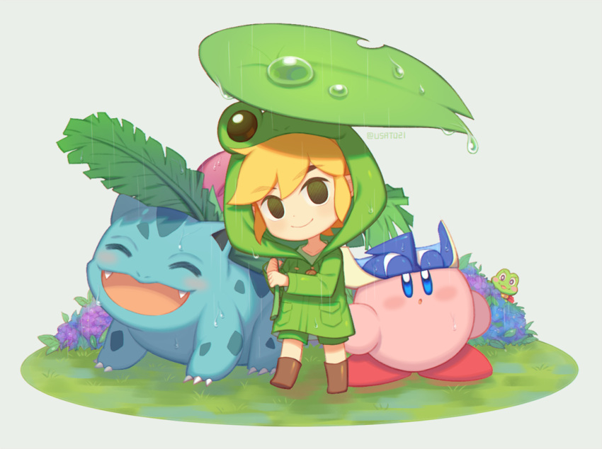 alien amphibian clothing coat crossover flower frog generation_1_pokemon grass green_body group hylian ivysaur kirby kirby_(series) leaf male nintendo open_mouth open_smile pink_body plant pokemon pokemon_(species) raincoat raining smile the_legend_of_zelda toon_link topwear waddling_head wet wind_waker wusagi2