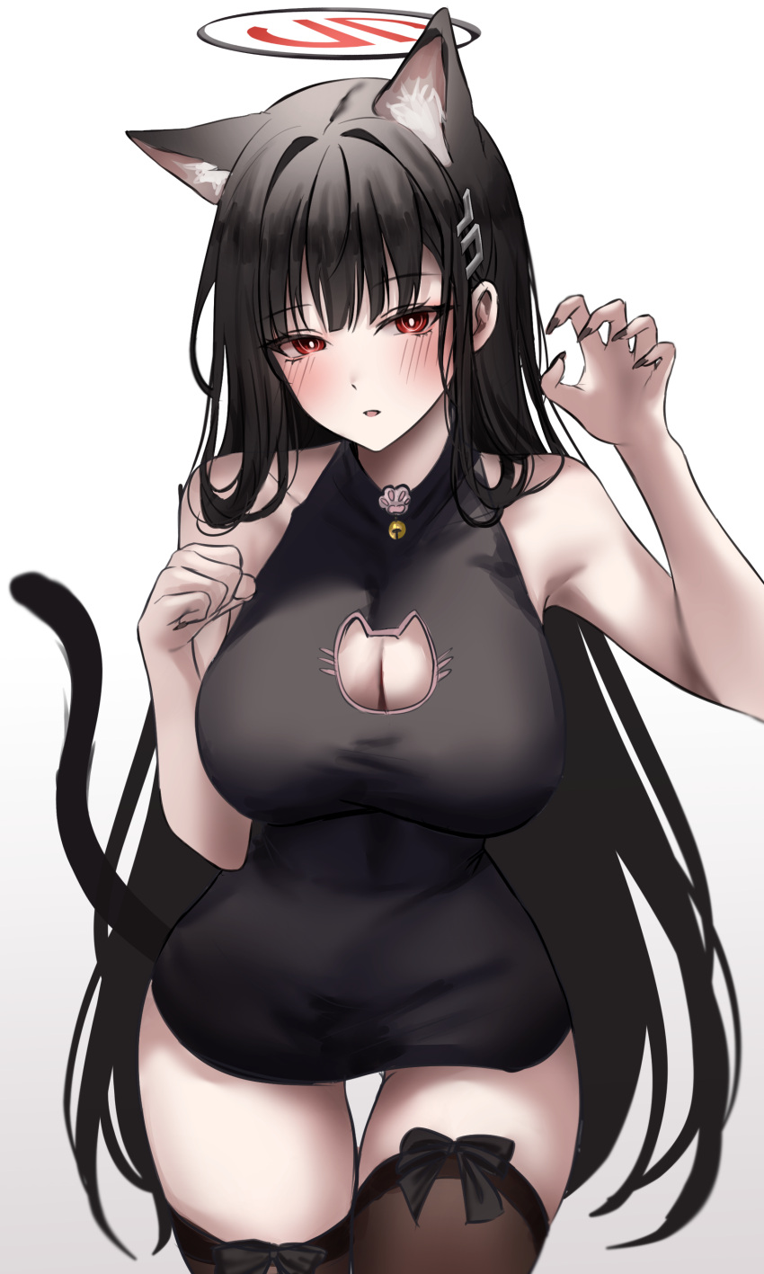 1girl absurdres alternate_costume animal_ears at_congju black_dress black_hair black_thighhighs blue_archive blush breasts cat_cutout cat_ears cat_tail claw_pose cleavage cleavage_cutout clothing_cutout dress fingernails halo highres kemonomimi_mode large_breasts long_fingernails long_hair looking_at_viewer nail_polish red_eyes rio_(blue_archive) simple_background sleeveless sleeveless_dress solo tail thighhighs very_long_hair white_background zettai_ryouiki