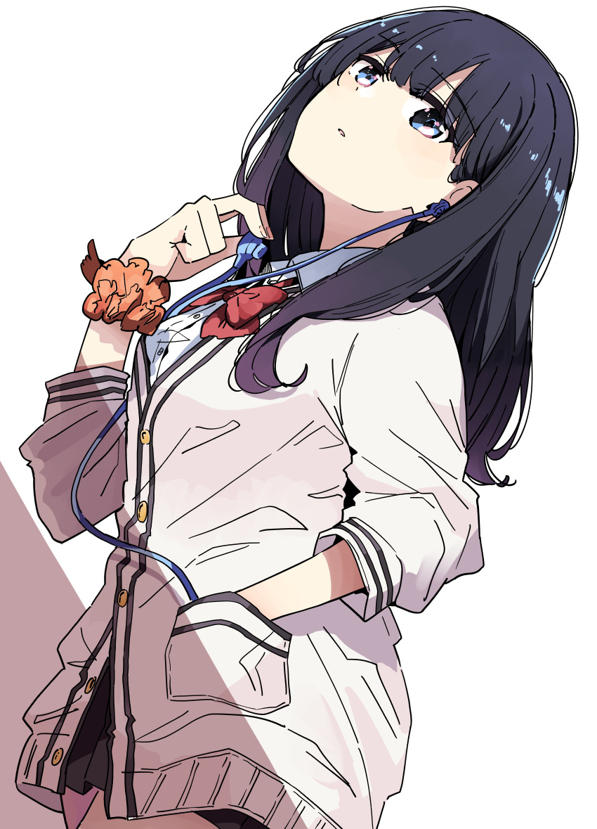 1girl absurdres black_hair blue_eyes cardigan cowboy_shot earphones gridman_universe hand_in_pocket highres holding holding_earphones long_hair long_sleeves nyoijizai school_uniform scrunchie single_earphone_removed solo ssss.gridman takarada_rikka wrist_scrunchie