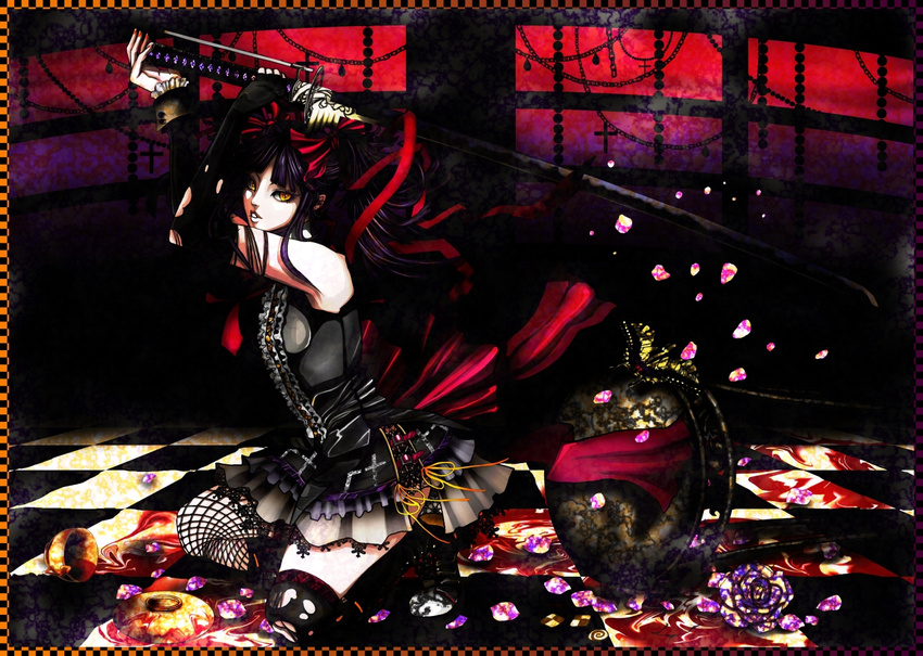 bow butterfly flowers gothic katana original petals purple_hair ribbons sword thigh-highs torn_clothes twintails weapon yellow_eyes
