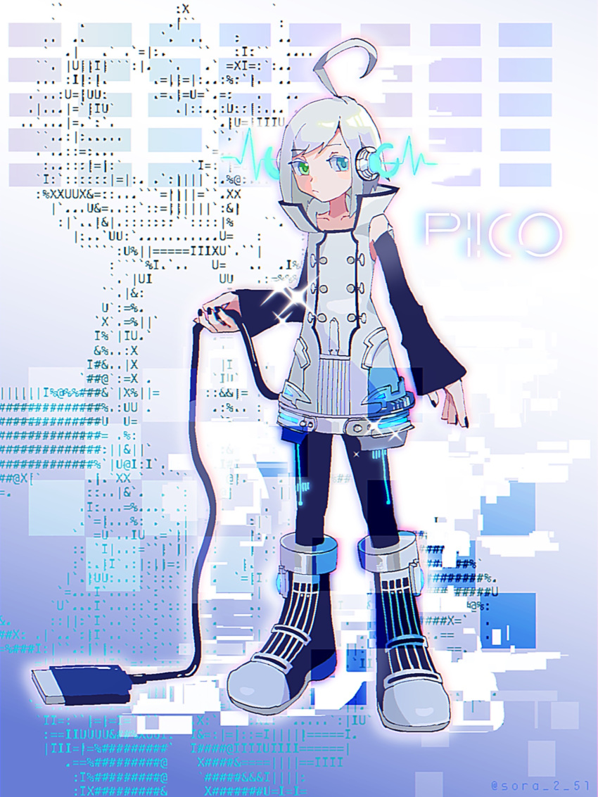 1boy ahoge androgynous ascii_art black_footwear black_nails black_sleeves black_thighhighs blue_eyes boots buttons character_name closed_mouth detached_sleeves green_eyes headphones heterochromia highres holding_own_tail looking_to_the_side male_focus outer_glow shirt short_hair sleeveless sleeveless_shirt solo sora_2_51 sparkle standing tail thighhighs twitter_username usb utatane_piko vocaloid white_hair white_shirt