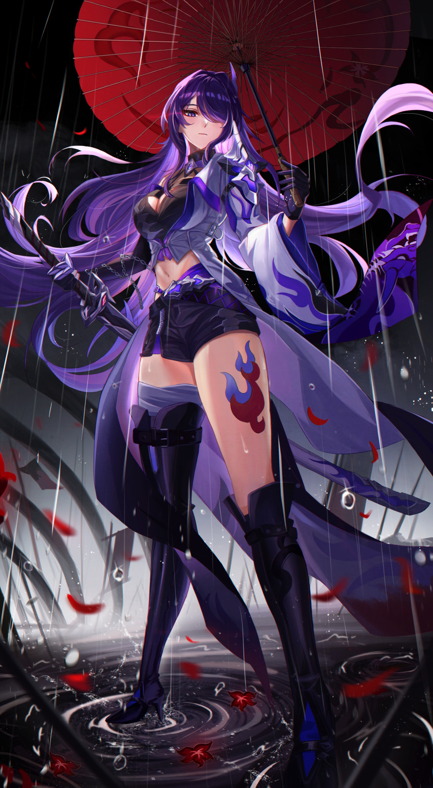 absurdres acheron_(honkai:_star_rail) armor bandaged_leg bandages black_choker black_footwear black_shorts breasts choker cleavage flower full_body gloves hair_over_one_eye halterneck highres holding holding_sword holding_weapon honkai:_star_rail honkai_(series) katana leg_tattoo long_bangs long_hair looking_at_viewer midriff navel purple_eyes purple_hair rain red_flower red_umbrella ripples scabbard sheath short_shorts shorts shoulder_armor sword tattoo thighs umbrella water water_drop weapon yyumio_272