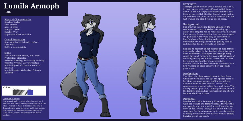 belt belt_buckle bottomwear breasts canid canine clothing digitigrade female fox fox_tail front_view fur fur_markings grey_body grey_fur hair hair_over_eye heart_(marking) hi_res leg_markings lumila_armoph mammal markings moon_(marking) one_eye_obstructed pants purple_eyes rear_view setriaphtfj shy small_breasts socks_(marking) solo sweater tail topwear