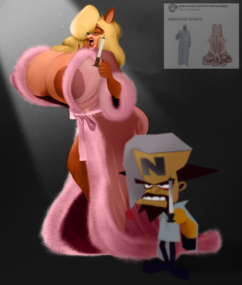 absurd_res activision anthro areola areola_slip bandicoot big_areola big_breasts big_butt blonde_hair breasts butt candle clothing crabtopus crash_bandicoot_(series) doctor_neo_cortex duo female hair hi_res huge_areola huge_breasts huge_butt human larger_female male mammal marsupial nightgown nipple_outline nipples open_mouth robe size_difference smaller_male tawna_bandicoot tired translucent translucent_clothing wide_hips yawn