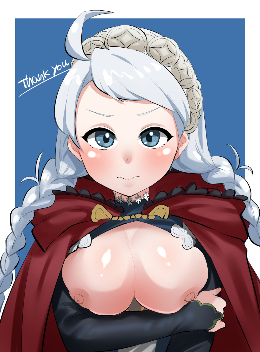 1girl ahoge black_bridal_gauntlets blue_eyes blush braid breasts bridal_gauntlets capelet closed_mouth commission commissioner_upload fire_emblem fire_emblem_fates hairband highres hood hood_down hooded_capelet kouji_(kozi_master) looking_at_viewer low_twin_braids low_twintails medium_breasts nina_(fire_emblem) nipples non-web_source parted_bangs red_capelet red_hood skeb_commission thank_you twin_braids twintails white_hair white_hairband