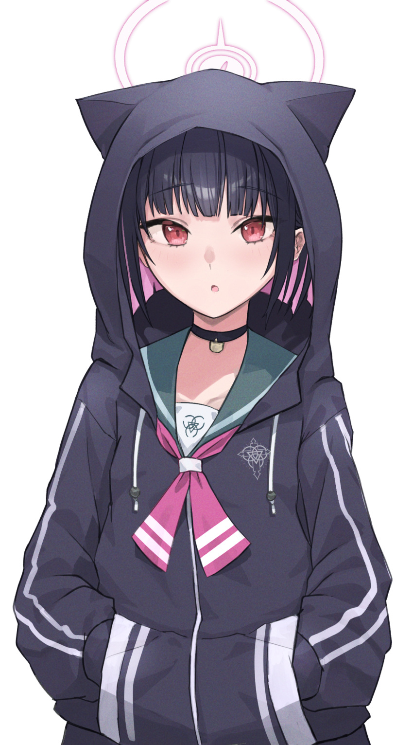 1girl animal_ear_hood animal_ears bag_(chrko_bag) black_choker black_hair black_hoodie blue_archive blush cat_ears choker collarbone colored_inner_hair extra_ears green_sailor_collar halo hands_in_pockets highres hood hood_up hoodie kazusa_(blue_archive) looking_at_viewer multicolored_hair neckerchief open_mouth pink_hair pink_halo pink_neckerchief red_eyes sailor_collar simple_background solo trinity_general_school_logo upper_body white_background