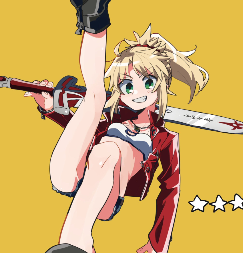 1girl black_footwear blonde_hair blush boots breasts clarent_(fate) denim denim_shorts fate/apocrypha fate/grand_order fate_(series) green_eyes grin hair_ornament hair_scrunchie highres holding holding_sword holding_weapon jacket jewelry leg_up looking_at_viewer mordred_(fate) mordred_(fate/apocrypha) mordred_(memories_at_trifas)_(fate) necklace open_clothes open_jacket orange_background over_shoulder ponytail red_jacket red_scrunchie scrunchie short_shorts shorts small_breasts smile solo star_(symbol) sword uotsu_(sabakou) weapon weapon_over_shoulder