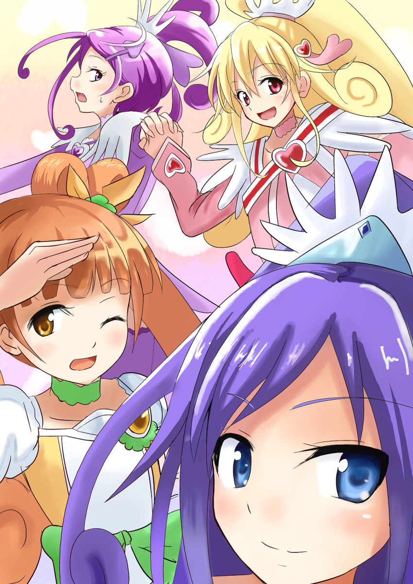 4girls arm_warmers blonde_hair blue_eyes blue_hair bow brooch brown_eyes brown_hair choker clover_earrings crystal_earrings cure_diamond cure_heart cure_rosetta cure_slum cure_sword dokidoki!_precure earrings gradient_background green_choker hair_bun hair_ornament half_updo heart heart_brooch heart_hair_ornament high_ponytail highres hishikawa_rikka jewelry kenzaki_makoto long_hair magical_girl multiple_girls open_mouth pink_arm_warmers pink_background pink_bow pink_choker pink_eyes pink_sleeves pink_wrist_cuffs ponytail precure purple_arm_warmers purple_choker purple_hair smile spade_(shape) spade_earrings spade_hair_ornament sweat twintails upper_body wide_ponytail wrist_cuffs yellow_background