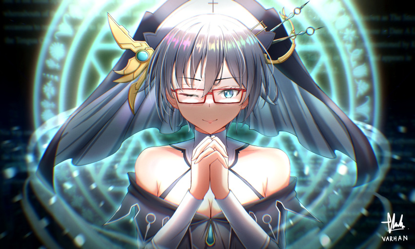 1girl blue_eyes breasts date_a_live dress glasses grey_hair habit highres honjou_nia magic_circle nun off-shoulder_dress off_shoulder one_eye_closed own_hands_together red-framed_eyewear short_hair small_breasts smile solo upper_body varhan_zuhair