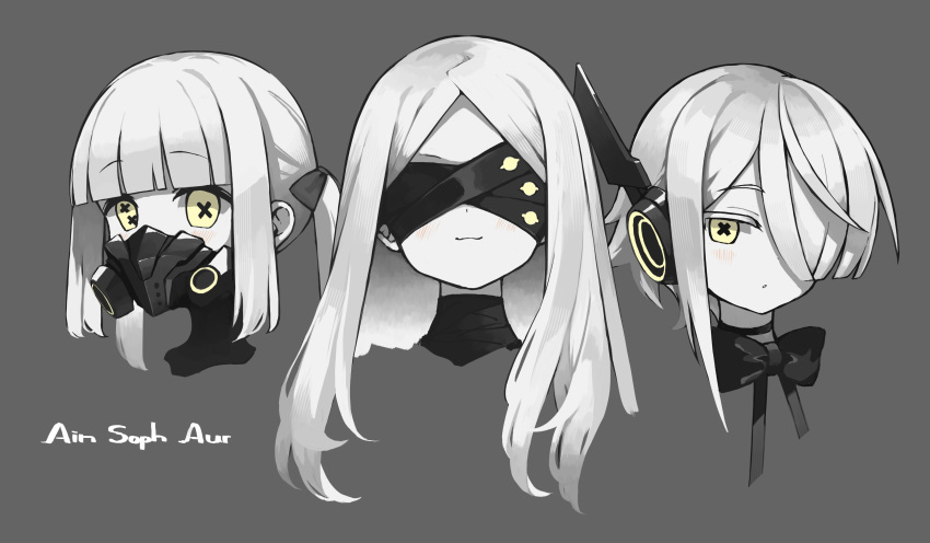 3girls :3 absurdres black_blindfold blindfold blue_archive blunt_bangs blush bow bowtie choker cropped_head ein_(blue_archive) extra_pupils grey_background greyscale hair_over_one_eye highres loah_66 long_bangs long_hair looking_at_viewer medium_hair monochrome multiple_girls ohr_(blue_archive) respirator short_hair simple_background sof_(blue_archive) spot_color symbol-shaped_pupils twintails x-shaped_pupils