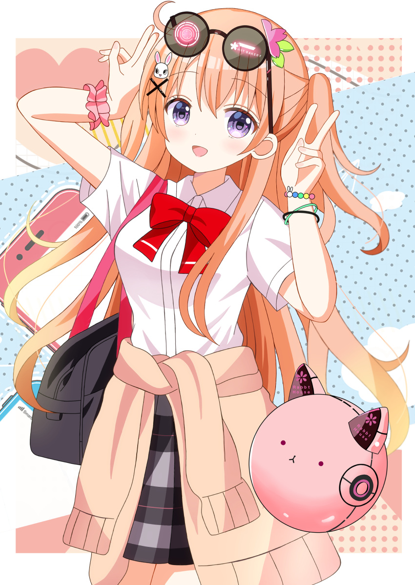 1girl :d absurdres bag bow breasts brown_cardigan brown_hair cardigan cardigan_around_waist cellphone clockwork_rabbit clothes_around_waist collared_shirt commentary_request double_v dress_shirt eyewear_on_head gochuumon_wa_usagi_desu_ka? hair_between_eyes hair_ornament hands_up highres hoto_cocoa long_hair looking_at_viewer medium_breasts one_side_up phone plaid plaid_skirt pleated_skirt purple_eyes rabbit_hair_ornament red_bow robot ryoutan school_bag school_uniform shirt skirt smile solo sunglasses v very_long_hair white_shirt x_hair_ornament