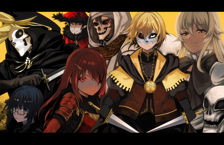 3girls 4boys aroha_j black_gloves black_hair black_robe black_sclera blair_(pffk) blonde_hair blue_eyes cloak colored_sclera dual_wielding edward_(pffk) fur_trim glasses gloves glowing glowing_eyes grey_(pffk) hair_ornament hairclip heterochromia highres holding holding_knife hooded_robe karasu_(pffk) knife letterboxed long_hair mask medallion multiple_boys multiple_girls pixiv_fantasia pixiv_fantasia_fallen_kings red_eyes red_hair red_hat robe skull skull_mask toma_(pffk) white_cloak yellow_background yellow_eyes