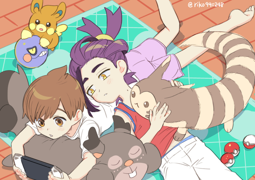 2boys ball barefoot black_hair blush brown_eyes brown_hair croagunk florian_(pokemon) furret greedent handheld_game_console highres kieran_(pokemon) lying lying_on_person mole mole_on_neck multicolored_hair multiple_boys nintendo_switch on_back on_floor on_stomach parted_lips pawmi poke_ball poke_ball_(basic) pokemon pokemon_(creature) pokemon_sv purple_hair red_tank_top riko990248 shirt shorts stuffed_toy tank_top white_shirt white_shorts yellow_eyes