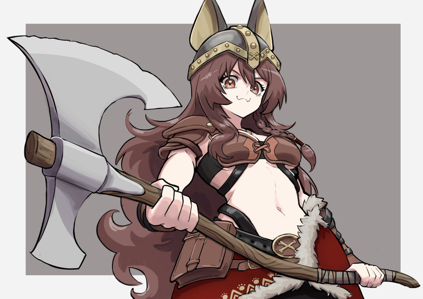 :3 absurdres armor axe belt_pouch bikini bikini_armor braid breasts brown_bikini brown_eyes brown_hair cartoon_bone dog_girl fur_skirt highres holding holding_axe hololive inugami_korone inugami_korone_(viking) leather_armor long_hair mat_(matdesenheiro) medium_breasts navel pouch print_cape simple_background single_braid swimsuit very_long_hair