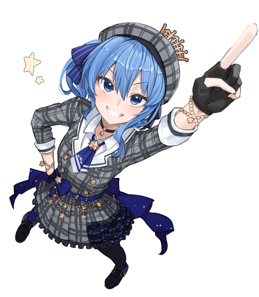 1girl bag_(chrko_bag) belt beret black_choker blue_belt blue_bow blue_eyes blue_hair blue_necktie blush bow bracelet buttons choker collared_shirt double-breasted frilled_skirt frills full_body gloves grey_jacket grin hand_on_own_hip hat highres hololive hoshimachi_suisei hoshimachi_suisei_(1st_costume) jacket jewelry long_hair necktie partially_fingerless_gloves plaid plaid_headwear plaid_jacket plaid_skirt pointing pointing_up shirt side_ponytail simple_background skirt skirt_set smile solo star_(symbol) star_choker star_in_eye symbol_in_eye virtual_youtuber waist_bow white_background white_shirt