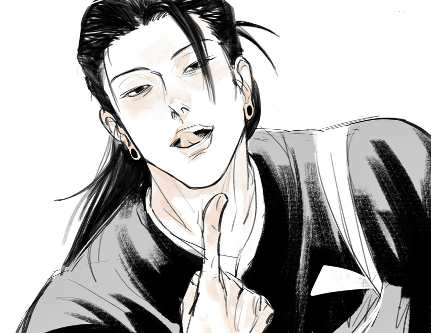 1boy black_hair black_kimono close-up earrings getou_suguru highres japanese_clothes jewelry jujutsu_kaisen kesa kimono licking_lips long_hair loose_hair_strand pointing pointing_at_self rainflowsinu simple_background solo stud_earrings tongue tongue_out upper_body white_background