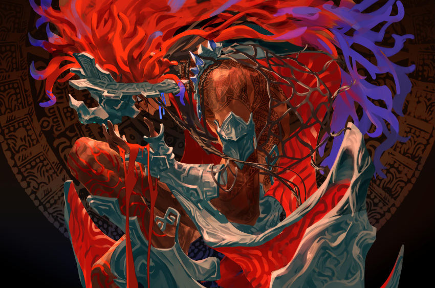 1boy absurdres blood blood_on_hands blood_vessels blue_hair braid camazotz_(fate) dark-skinned_male dark_skin fate/grand_order fate_(series) full-body_tattoo gradient_hair headpiece highres jewelry kalak_39 long_hair male_focus maya_(culture) multicolored_hair multiple_braids necklace red_hair solo tattoo topless_male
