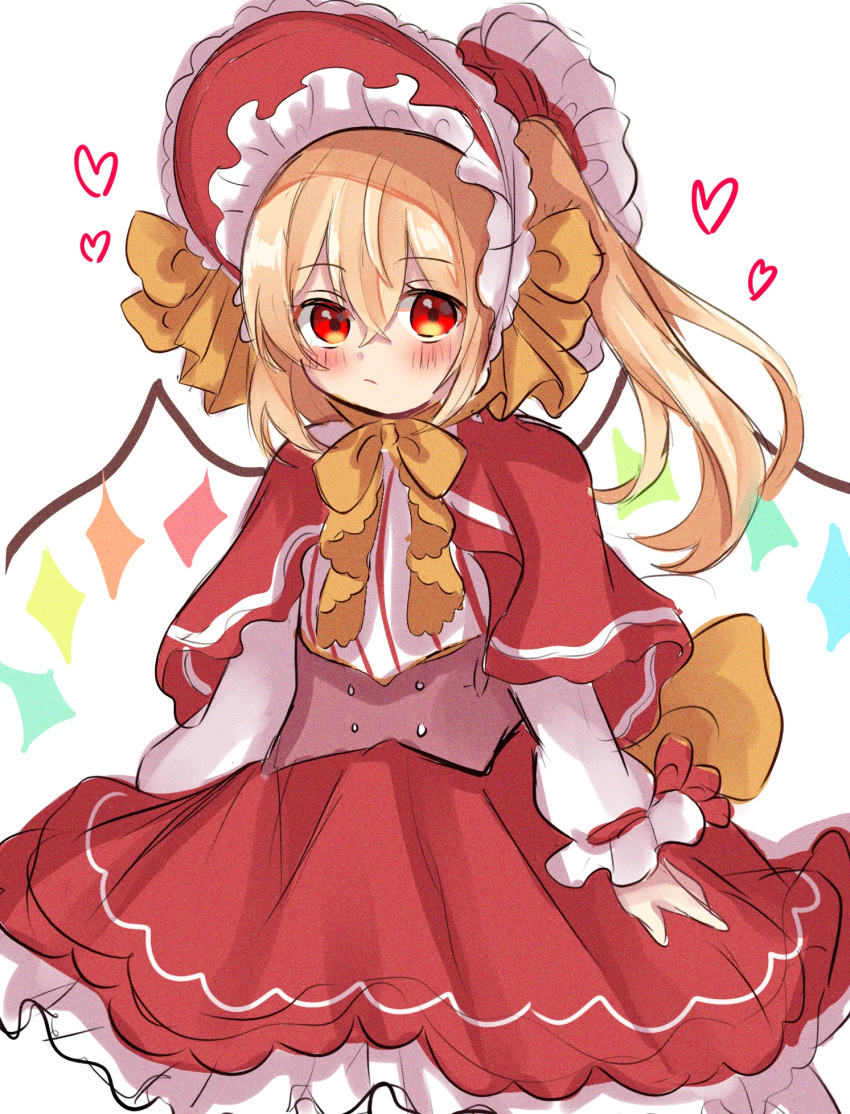 1girl alternate_costume alternate_headwear back_bow blonde_hair blush bow bowtie capelet closed_mouth cowboy_shot dorowa_(drawerslove) flandre_scarlet frilled_bonnet frilled_skirt frills hair_between_eyes heart highres lolita_fashion long_hair long_shirt looking_at_viewer multicolored_wings one-hour_drawing_challenge one_side_up red_bonnet red_capelet red_eyes red_skirt shirt simple_background skirt solo striped_clothes striped_shirt touhou vertical-striped_clothes vertical-striped_shirt white_background white_shirt wings yellow_bow yellow_bowtie