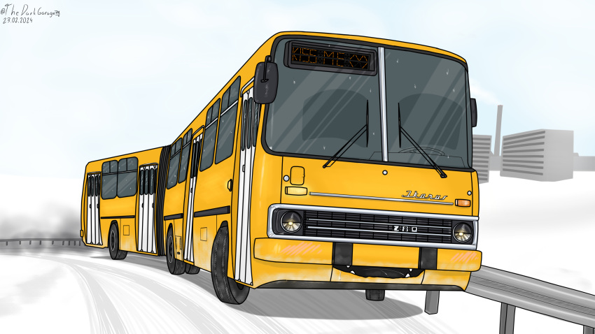 absurd_res bus car colored commercial_vehicle detailed_background digital_drawing_(artwork) digital_media_(artwork) dire_machine fangs hi_res ikarus line_art living_car living_machine living_vehicle machine road smile smoke snow teeth thedarkgarage vehicle what winter