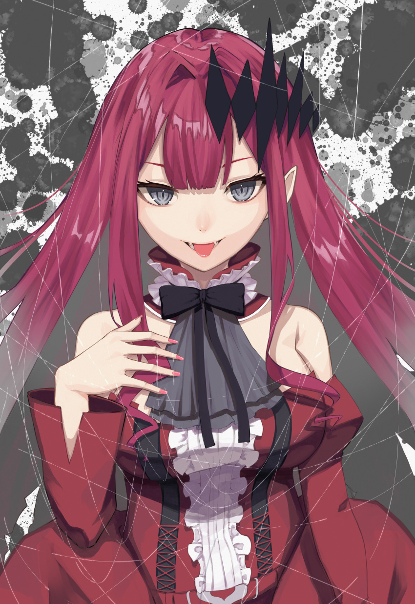 1girl absurdres bao_(s_888) baobhan_sith_(fate) baobhan_sith_(first_ascension)_(fate) bare_shoulders black_bow bow breasts detached_sleeves dress fangs fate/grand_order fate_(series) grey_background grey_eyes hair_ornament hand_on_own_chest hand_up highres looking_at_viewer nail_polish open_mouth pink_hair pink_nails pointy_ears red_dress sidelocks smile solo splatter_background tongue tongue_out upper_body white_background