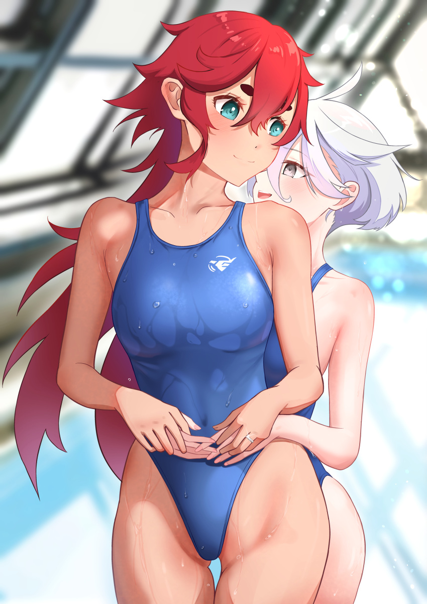 2girls absurdres ahoge aqua_eyes blue_one-piece_swimsuit commentary_request competition_swimsuit dark-skinned_female dark_skin grey_eyes gundam gundam_suisei_no_majo height_difference highleg highleg_swimsuit highres hug hug_from_behind indoors long_hair medium_hair miorine_rembran multiple_girls one-piece_swimsuit red_hair rei_no_pool shourai suletta_mercury swimsuit thick_eyebrows wet wet_clothes wet_swimsuit white_hair yuri