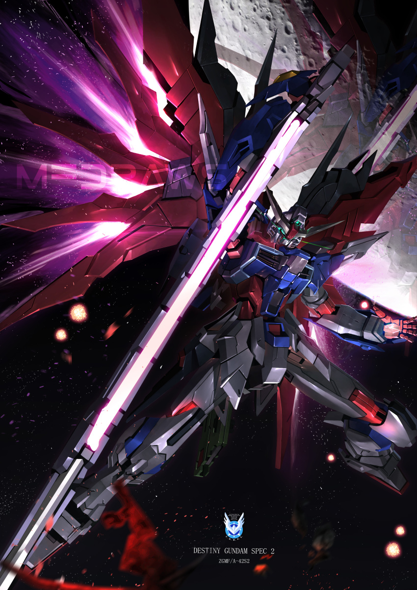 absurdres afterimage artist_name brayanong999 character_name commentary destiny_gundam_spec_ii energy_sword energy_wings english_text explosion glowing glowing_eyes green_eyes gundam gundam_seed gundam_seed_freedom highres holding holding_sword holding_weapon light_particles logo looking_at_viewer mecha mobile_suit moon no_humans robot science_fiction solo space star_(sky) sword v-fin watermark weapon