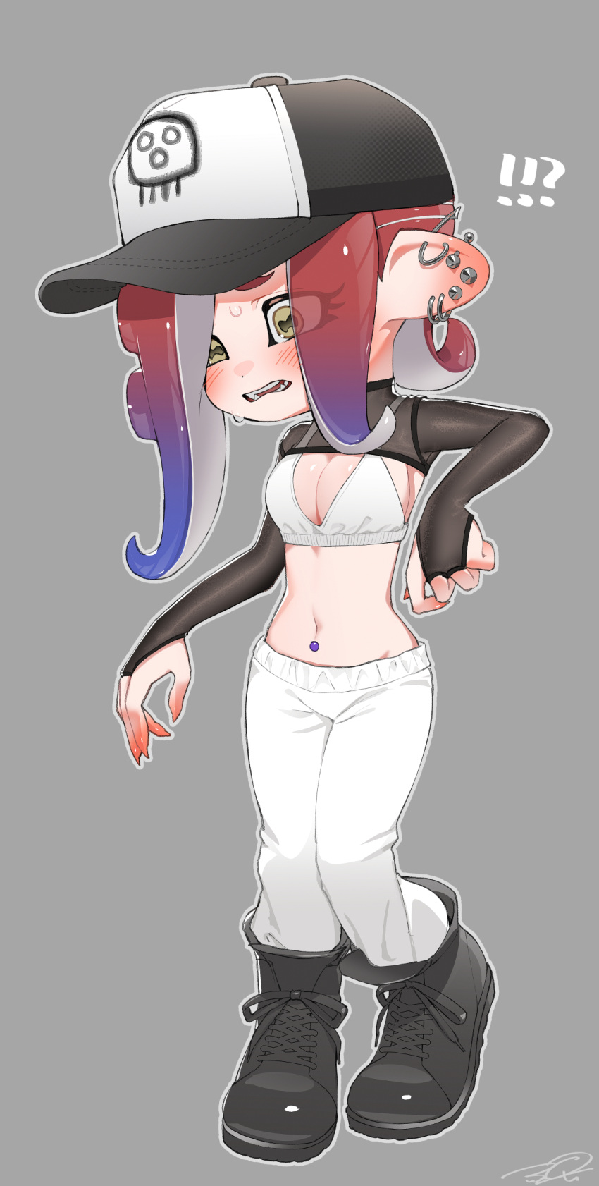 !? 1girl baseball_cap black_footwear blue_hair blush boots bra breasts cephalopod_eyes cleavage cosplay cross-laced_footwear dedf1sh earrings embarrassed eyes_visible_through_hair fangs full_body furrowed_brow gradient_hair grey_background hair_over_one_eye hat highres jewelry long_hair marina_(splatoon) marina_(splatoon)_(cosplay) medium_breasts midriff multicolored_hair multiple_earrings navel_piercing octoling open_mouth outline pants piercing print_headwear puchiman red_hair signature solo splatoon_(series) splatoon_3 splatoon_3:_side_order standing suction_cups sweat tentacle_hair two-tone_hair underwear white_bra white_outline white_pants yellow_eyes