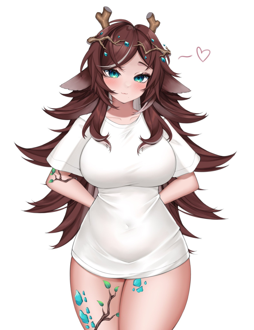 1girl animal_ears arms_behind_back blue_eyes blush breasts brown_eyeshadow brown_hair closed_mouth collarbone colored_inner_hair covered_navel dragon_girl dragon_horns eyelashes gem_hair_ornament grey_hair hair_ornament heart highres horns indie_virtual_youtuber large_breasts leaf long_hair multicolored_hair natch_imaycz no_pants scales shirt solo streaked_hair sugi_aoki taut_clothes taut_shirt virtual_youtuber white_shirt