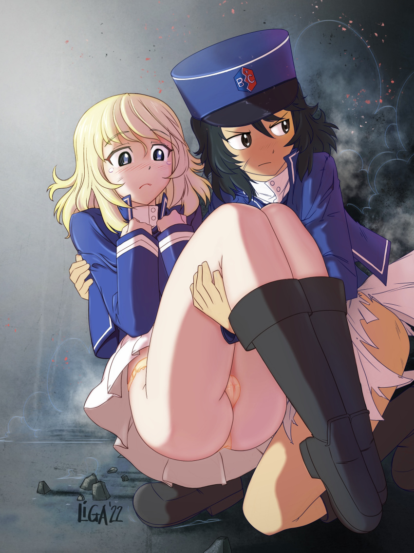 absurdres andou_(girls_und_panzer) artist_name bc_freedom_(emblem) bc_freedom_military_uniform black_eyes black_footwear black_hair blonde_hair blue_eyes blue_hat blue_jacket blue_vest blush boots cameltoe carrying closed_mouth commentary dark-skinned_female dark_skin dirty dress_shirt emblem english_commentary frown girls_und_panzer hat high_collar highres inisipis jacket kepi knee_boots long_sleeves looking_back medium_hair messy_hair military_hat military_uniform miniskirt night on_one_knee oshida_(girls_und_panzer) outdoors panties pleated_skirt princess_carry shirt signature skirt tearing_up torn_clothes torn_skirt underwear uniform vest white_shirt white_skirt yellow_panties