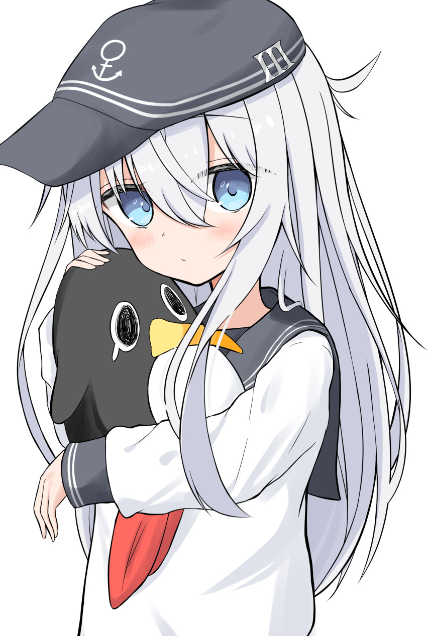 1girl 1other absurdres animal black_eyes black_hat black_sailor_collar blue_eyes blue_hair blush commentary_request failure_penguin flat_cap hair_between_eyes hat hibiki_(kancolle) highres holding holding_animal kantai_collection light_blue_hair long_hair long_sleeves looking_at_viewer neckerchief pout red_neckerchief sailor_collar sailor_shirt school_uniform serafuku shirasu_(sirasuillust) shirt sidelocks simple_background sleeves_past_wrists solo_focus upper_body white_background