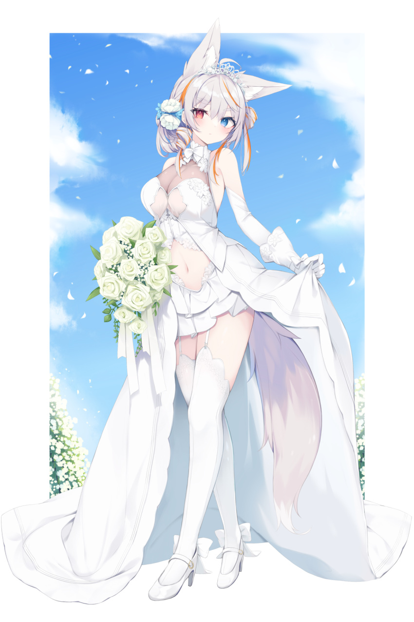 1girl animal_ear_fluff animal_ears bare_shoulders blue_eyes blue_flower blue_sky bouquet breasts cleavage closed_mouth cloud commentary_request day detached_sleeves dress flower full_body garter_straps gloves grey_hair hair_between_eyes hair_flower hair_ornament heterochromia high_heels highres long_sleeves looking_at_viewer medium_breasts multicolored_hair nibiiro_shizuka orange_hair original red_eyes rose see-through see-through_cleavage shoes skirt_hold sky solo standing streaked_hair tail thighhighs wedding_dress white_dress white_flower white_footwear white_gloves white_rose white_sleeves white_thighhighs