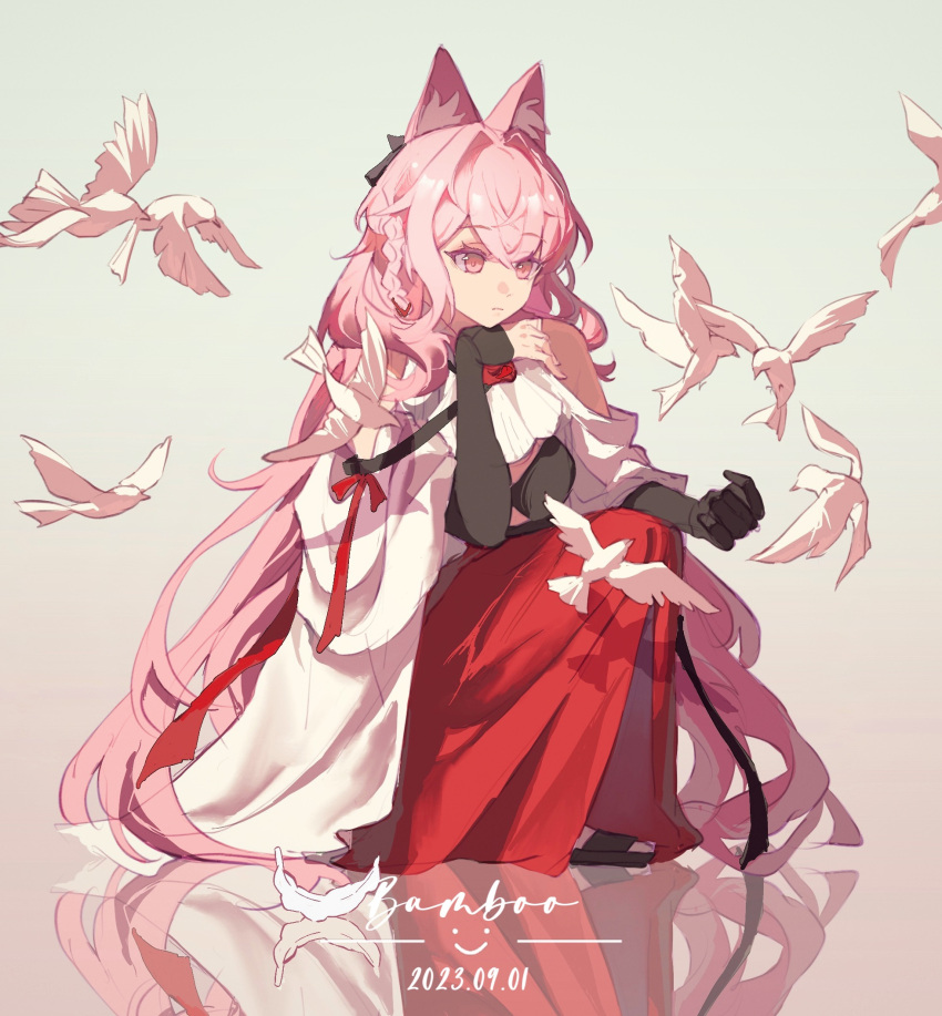 1girl animal_ear_fluff animal_ears arknights bird cape chinese_commentary closed_mouth commentary_request crossed_bangs dated full_body head_rest highres long_hair long_skirt looking_at_animal looking_down pink_eyes pink_hair pozyomka_(arknights) red_skirt reflection reflective_floor signature skirt solo very_long_hair white_bird white_cape zhutongfan