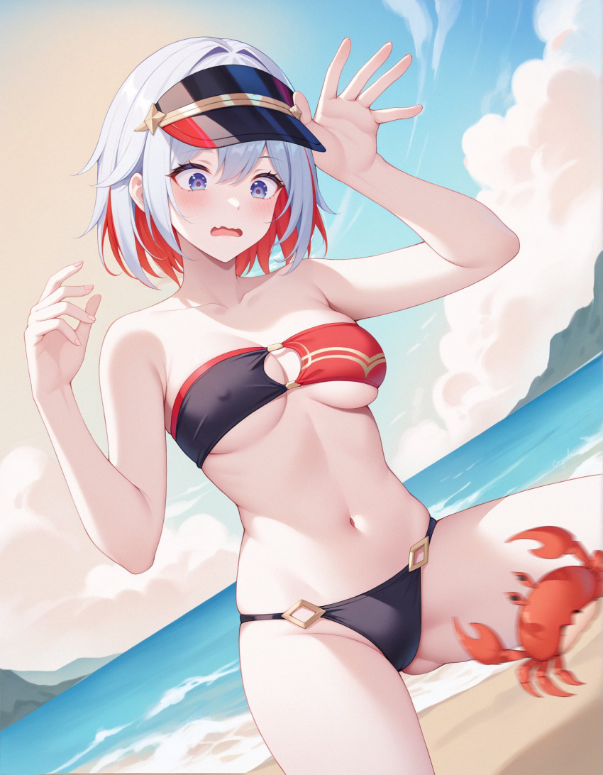 1girl ai-generated beach bikini black_bikini black_bikini_bottom black_hat blue_eyes blush breasts cloud covered_nipples crab eyebrows_hidden_by_hair hat headwear_request highres honkai:_star_rail honkai_(series) medium_breasts multicolored_hair ocean open_mouth red_bikini short_hair swimsuit topaz_(honkai:_star_rail)