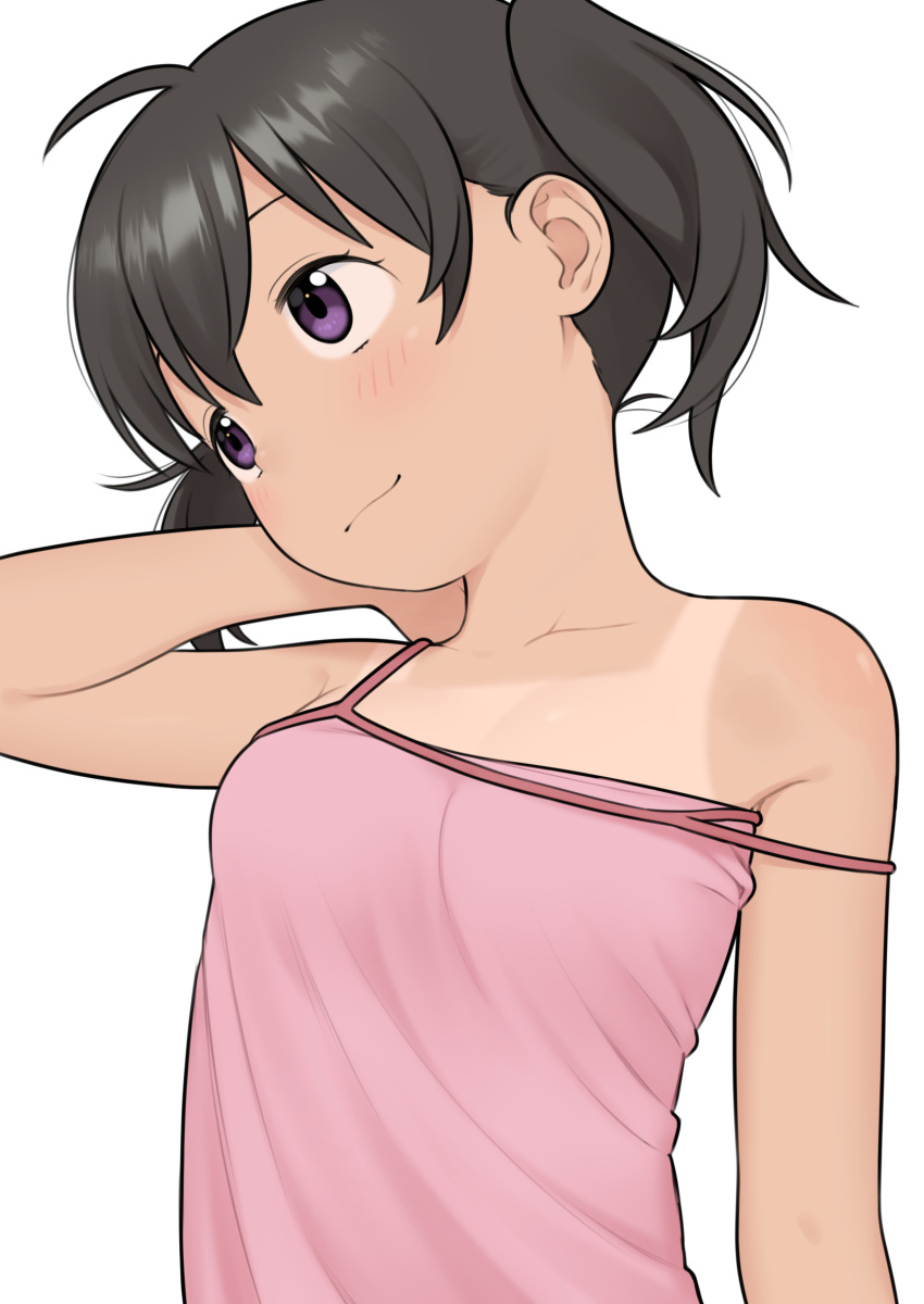 1girl absurdres ahoge bare_shoulders black_hair blush breasts camisole head_tilt highres kuraue_hinata looking_to_the_side meis_(terameisu) pink_camisole purple_eyes short_hair short_twintails simple_background small_breasts smile solo strap_slip tan tanlines tareme twintails upper_body white_background yama_no_susume