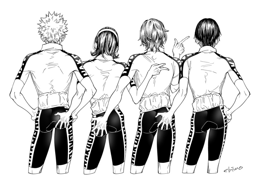 4boys arakita_yasutomo collared_shirt cowboy_shot from_behind fukutomi_juichi greyscale hairband hand_on_another's_ass hand_on_another's_back hand_on_own_hip hands_on_own_hips index_finger_raised male_focus medium_hair mojisan_(ebimo) monochrome multiple_boys pointing pointing_to_the_side shinkai_hayato shirt short_hair short_sleeves signature simple_background sportswear toudou_jinpachi v wavy_hair yowamushi_pedal