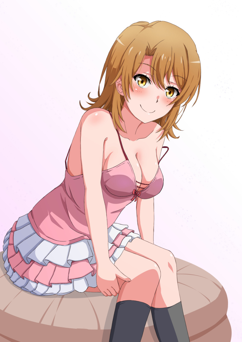 1girl black_socks blush breasts brown_eyes brown_hair cleavage closed_mouth collarbone commentary_request dress frilled_dress frills highres isshiki_iroha kneehighs konoyan looking_at_viewer medium_breasts medium_hair pink_dress simple_background sitting smile socks solo white_background yahari_ore_no_seishun_lovecome_wa_machigatteiru. yellow_eyes
