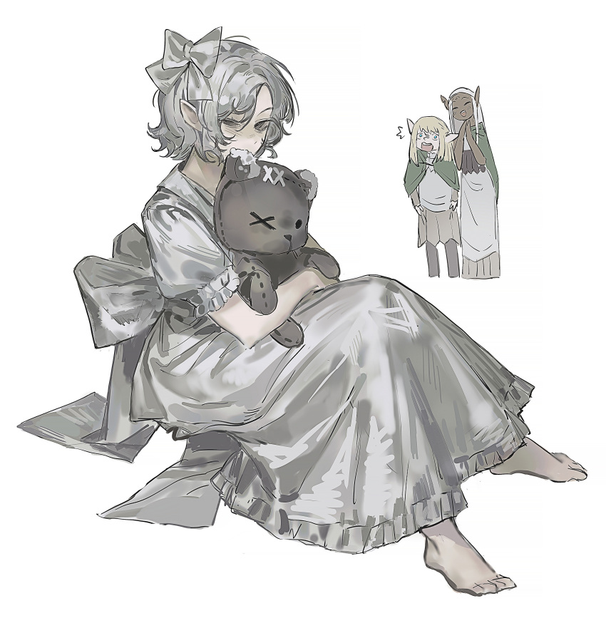 1boy 2girls ^^^ absurdres androgynous back_bow barefoot black_eyes bow cithis crossdressing dress dungeon_meshi elf frilled_dress frilled_sleeves frills from_side full_body grey_hair hair_bow half-closed_eye highres holding holding_stuffed_toy huang_du_du knees_together_feet_apart knees_up looking_at_viewer male_focus misyl_(dungeon_meshi) mithrun multiple_girls pointy_ears puffy_short_sleeves puffy_sleeves short_hair short_sleeves simple_background sitting solo_focus stuffed_animal stuffed_toy teddy_bear uneven_eyes white_background white_dress