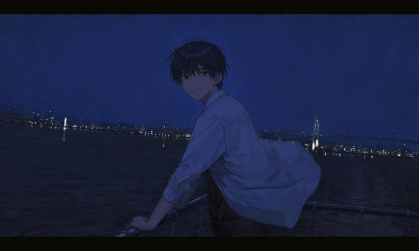 1boy absurdres black_eyes black_hair black_pants black_shirt boat bridge city_lights collared_shirt dark hand_on_railing highres light_smile looking_back male_focus night ocean original outdoors pants parted_lips shirt short_hair solo upper_body watercraft white_shirt wind yuikawa_(00hyr)