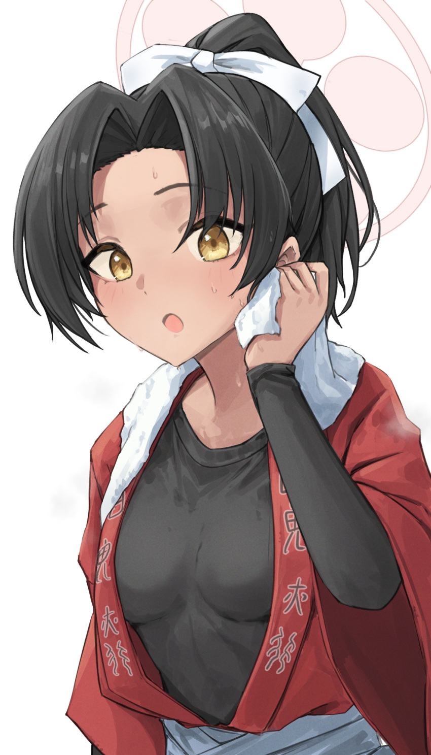 1girl bag_(chrko_bag) black_hair black_shirt blue_archive blush breasts breasts_apart dark-skinned_female dark_skin halo hand_up high_ponytail highres holding holding_towel layered_sleeves long_sleeves looking_at_viewer open_clothes open_mouth parted_bangs red_halo red_haori rickshaw_student_(blue_archive) shirt short_hair short_over_long_sleeves short_sleeves solo steaming_body sweat towel towel_around_neck upper_body wet wet_clothes wet_shirt wiping_sweat yellow_eyes