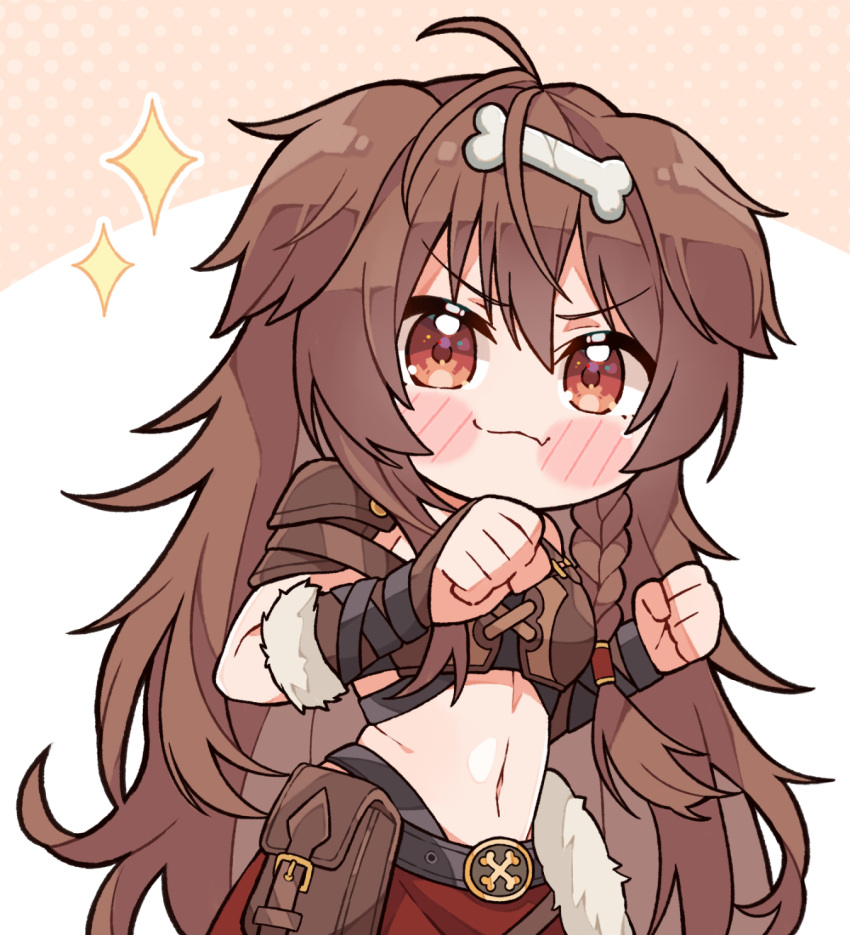 1girl ahoge animal_ear_fluff animal_ears armor belt belt_pouch bikini bikini_armor blush_stickers bone_hair_ornament braid braided_sidelock brown_bikini brown_eyes brown_hair cartoon_bone clenched_hands dog_ears dog_girl fighting_stance fur_trim hair_ornament highres hololive inugami_korone inugami_korone_(viking) kukie-nyan leather_armor long_hair messy_hair navel pouch red_skirt shoulder_armor skirt smile solo sparkle stomach swimsuit upper_body