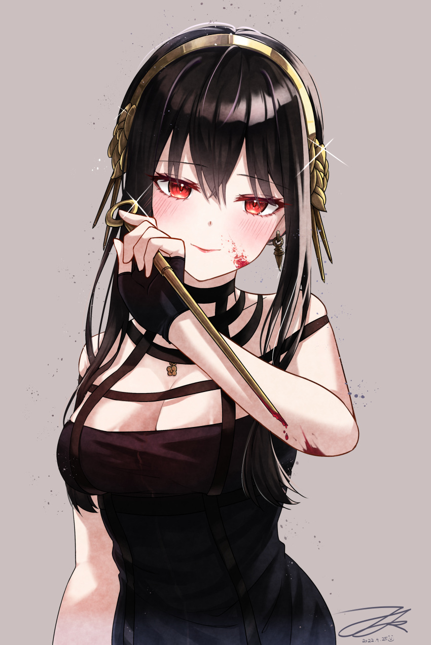 1girl absurdres bare_shoulders black_dress black_gloves black_hair blood blood_on_arm blood_on_face blood_on_weapon blush breasts closed_mouth dagger dated dress earrings fingerless_gloves gloves gold_hairband golden_rose grey_background hair_between_eyes hairband hand_up highres holding holding_weapon jewelry knife large_breasts looking_at_viewer red_eyes short_hair_with_long_locks sidelocks signature simple_background sleeveless sleeveless_dress smile solo sparkle spy_x_family standing stiletto_(weapon) weapon yor_briar zerotsu_0215