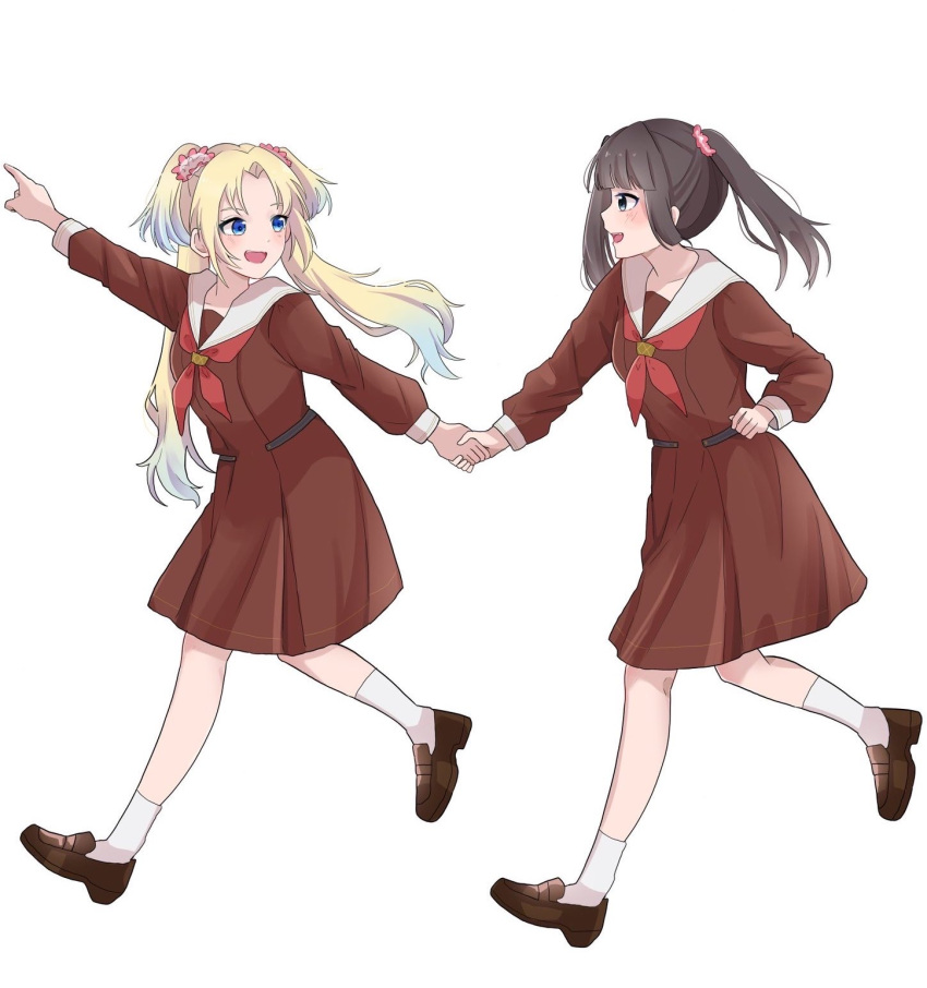 2girls 6th_live_dream_~bloom_garden_party~ :d animification black_hair blonde_hair blue_eyes blue_hair brown_dress brown_shoes commentary_request curtained_hair dress eye_contact flower flower_stand_art full_body gradient_hair grey_eyes hair_flower hair_ornament hasu_no_sora_school_uniform highres holding_hands kan_kanna loafers long_sleeves looking_at_another looking_back love_live! love_live!_hasu_no_sora_jogakuin_school_idol_club multicolored_hair multiple_girls neckerchief open_mouth osawa_rurino parted_bangs pink_flower profile real_life red_neckerchief roku_aya_fuyu running sailor_collar sailor_dress school_uniform shoes simple_background smile socks virtual_youtuber voice_actor voice_actor_connection white_background white_sailor_collar white_socks winter_uniform